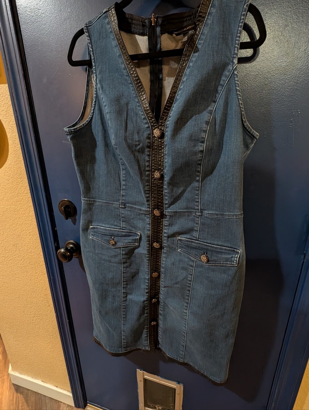 White House Black Market Denim Dress Size 14 Faux Leather Trim Button Front